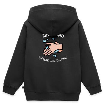 Eine Hand wäscht die andere Lustiges Sprichwort - Kinder Premium Organic Zip Hoodie - Schwarz - Hinten - AI Model Kid Male (0cm)