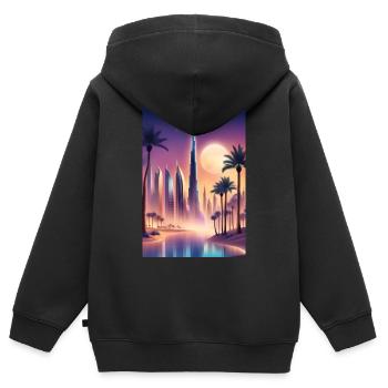 Große Palmen und ein hohes Hochhaus - Kinder Premium Organic Zip Hoodie - Schwarz - Hinten - AI Model Kid Male (0cm)