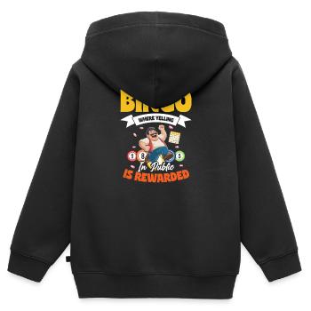 Bingo où crier en public est récompensé - Sweat Premium à capuche zippé enfant bio - noir - Dos - AI Model Kid Male (0cm)