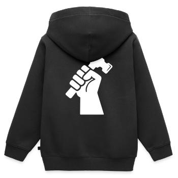Marteau à la main, bricoleur, ouvrier, réparation, réparation - Sweat Premium à capuche zippé enfant bio - noir - Dos - AI Model Kid Male (0cm)