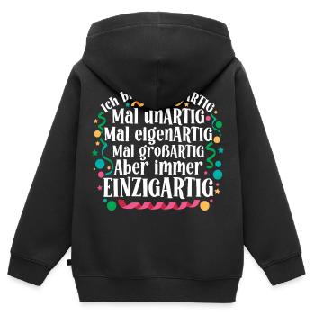Ich bin immer artig und einzigartig - Kinder Premium Organic Zip Hoodie - Schwarz - Hinten - AI Model Kid Male (0cm)
