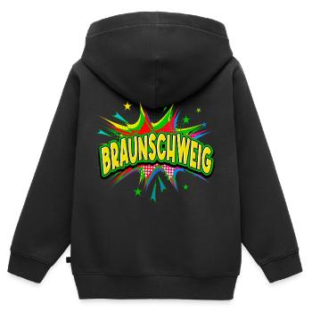 Braunschweig Allemagne Ville Pop Art Bande dessinée - Sweat Premium à capuche zippé enfant bio - noir - Dos - AI Model Kid Male (0cm)