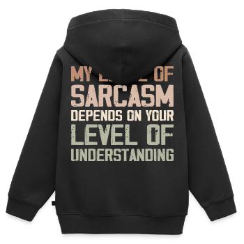 Mein Grad an Sarkasmus hängt von Ihrem niedrigeren Grad ab - Kinder Premium Organic Zip Hoodie - Schwarz - Hinten - AI Model Kid Male (0cm)