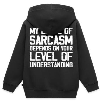 Mein Grad an Sarkasmus hängt von Ihrem niedrigeren Grad ab - Kinder Premium Organic Zip Hoodie - Schwarz - Hinten - AI Model Kid Male (0cm)