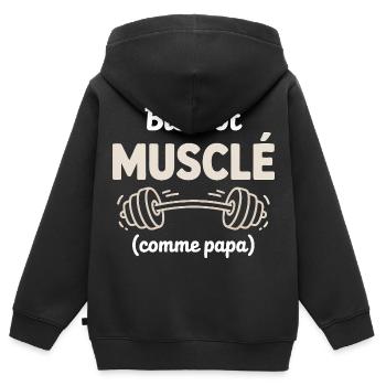bald muskulös wie Daddy Gym Bodybuilding - Kinder Premium Organic Zip Hoodie - Schwarz - Hinten - AI Model Kid Male (0cm)