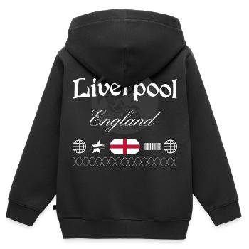 Souvenir de voyage pour les streetwear de Liverpool, Angleterre, - Sweat Premium à capuche zippé enfant bio - noir - Dos - AI Model Kid Male (0cm)