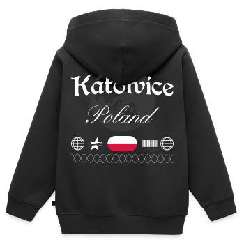 Souvenir de voyage streetwear de Katowice en Pologne - Sweat Premium à capuche zippé enfant bio - noir - Dos - AI Model Kid Male (0cm)