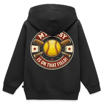 Softball Ma Petite Sœur Est Sur Le Terrain | Badge - Sweat Premium à capuche zippé enfant bio - noir - Dos - AI Model Kid Male (0cm)