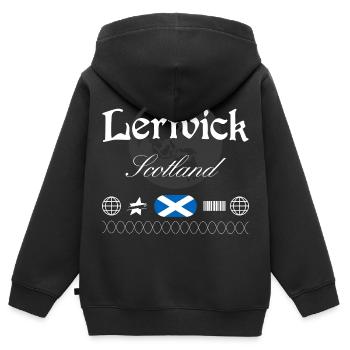 Souvenir de voyage streetwear de Lerwick Scotland - Sweat Premium à capuche zippé enfant bio - noir - Dos - AI Model Kid Male (0cm)