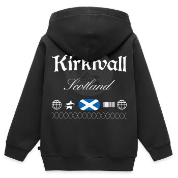 Souvenir de voyage pour les vêtements urbains de Kirkwall Scotland - Sweat Premium à capuche zippé enfant bio - noir - Dos - AI Model Kid Male (0cm)