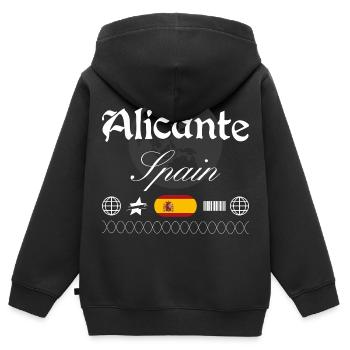 Souvenir de voyage streetwear d’Alicante, Espagne - Sweat Premium à capuche zippé enfant bio - noir - Dos - AI Model Kid Male (0cm)