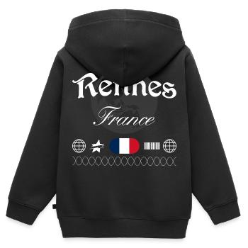Souvenir de voyage streetwear de Rennes France - Sweat Premium à capuche zippé enfant bio - noir - Dos - AI Model Kid Male (0cm)