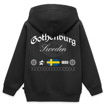 Souvenir de voyage streetwear de Göteborg Suède - Sweat Premium à capuche zippé enfant bio - noir - Dos - AI Model Kid Male (0cm)