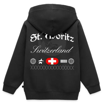 Souvenir de voyage streetwear de St. Moritz, Suisse - Sweat Premium à capuche zippé enfant bio - noir - Dos - AI Model Kid Male (0cm)