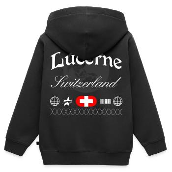 Souvenir de voyage streetwear de Lucerne en Suisse - Sweat Premium à capuche zippé enfant bio - noir - Dos - AI Model Kid Male (0cm)
