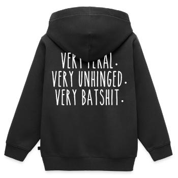 Sehr wild Sehr verrückt Sehr Batshit | Komisch - Kinder Premium Organic Zip Hoodie - Schwarz - Hinten - AI Model Kid Male (0cm)