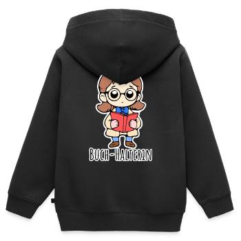 Die lustige Buch-Halterin hält ein Buch und liest - Kinder Premium Organic Zip Hoodie - Schwarz - Hinten - AI Model Kid Male (0cm)