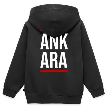Typographie en blocs gras d’Ankara - Sweat Premium à capuche zippé enfant bio - noir - Dos - AI Model Kid Male (0cm)
