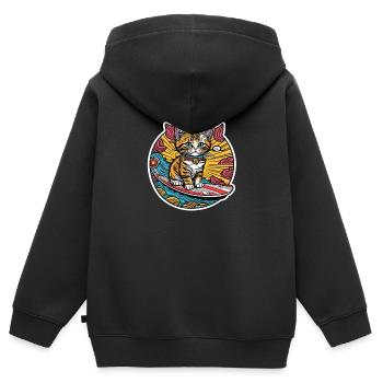 Chat mignon, petit minou surfant en été - Sweat Premium à capuche zippé enfant bio - noir - Dos - AI Model Kid Male (0cm)