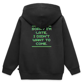 DÉSOLÉ JE SUIS EN RETARD JE NE VOULAIS PAS VENIR - Sweat Premium à capuche zippé enfant bio - noir - Dos - AI Model Kid Male (0cm)