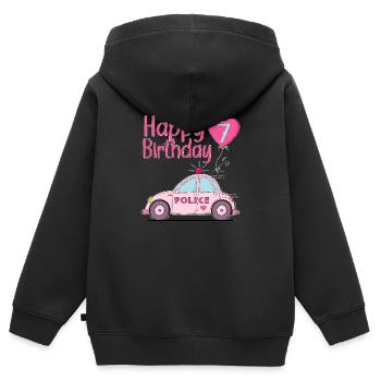 Joyeux anniversaire 7 Police Rose - Sweat Premium à capuche zippé enfant bio - noir - Dos - AI Model Kid Male (0cm)