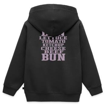 Burger Ingrédients Typographie Construction du cheeseburger - Sweat Premium à capuche zippé enfant bio - noir - Dos - AI Model Kid Male (0cm)