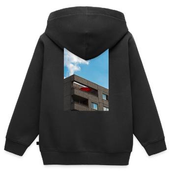 Le parasol rouge sur le balcon sur l’appartement bl - Sweat Premium à capuche zippé enfant bio - noir - Dos - AI Model Kid Male (0cm)