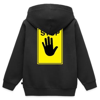 Logo du panneau d’arrêt - Sweat Premium à capuche zippé enfant bio - noir - Dos - AI Model Kid Male (0cm)