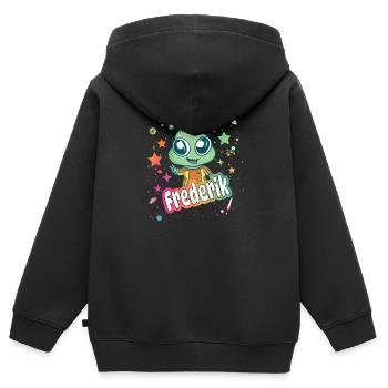 FREDERIK - Beautiful boy name with cute alien - Kids Premium Organic Zip-up Hoodie - black - Back - AI Model Kid Male (0cm)