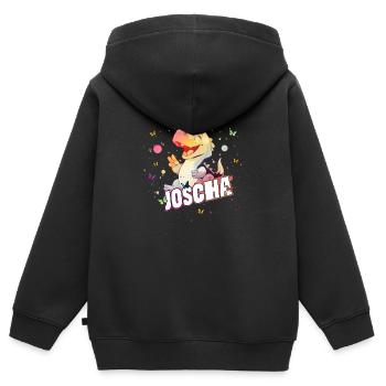 JOSCHA - Beau prénom de garçon avec mignon DINO T-REX - Sweat Premium à capuche zippé enfant bio - noir - Dos - AI Model Kid Male (0cm)
