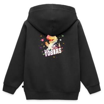 TOBIAS - Beau prénom de garçon avec mignon DINO T-REX - Sweat Premium à capuche zippé enfant bio - noir - Dos - AI Model Kid Male (0cm)