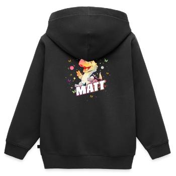 MATT - Beau nom de garçon avec mignon DINO T-REX - Sweat Premium à capuche zippé enfant bio - noir - Dos - AI Model Kid Male (0cm)