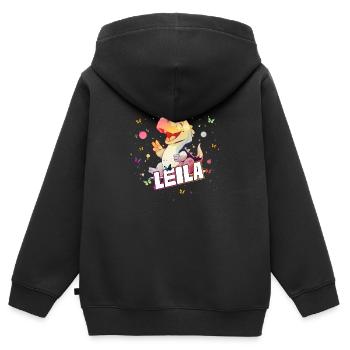 LEILA - Beau nom de FILLE avec mignon DINO - Sweat Premium à capuche zippé enfant bio - noir - Dos - AI Model Kid Male (0cm)