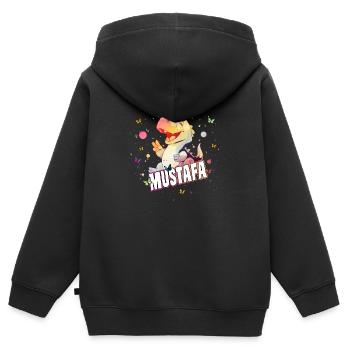 MUSTAFA - Beautiful BOY name with cute DINO - Kids Premium Organic Zip-up Hoodie - black - Back - AI Model Kid Male (0cm)