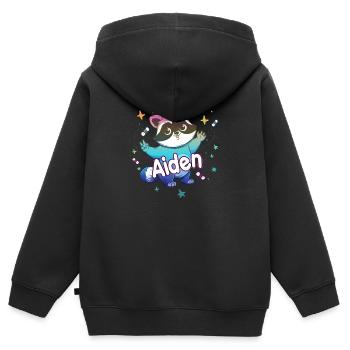 AIDEN - Beau nom de garçon avec un raton laveur mignon - Sweat Premium à capuche zippé enfant bio - noir - Dos - AI Model Kid Male (0cm)