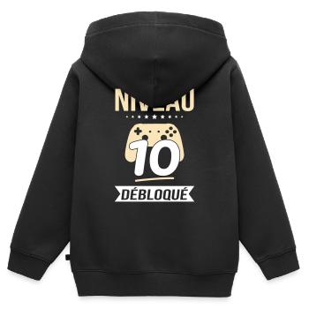 Anniversaire 10 ans - Niveau 10 débloqué - Gamer - Sweat Premium à capuche zippé enfant bio - noir - Dos - AI Model Kid Male (0cm)