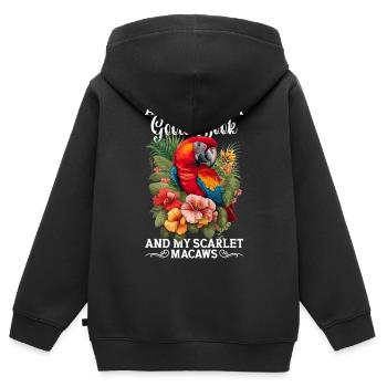 Motif Scarlet Macaw - Sweat Premium à capuche zippé enfant bio - noir - Dos - AI Model Kid Male (0cm)