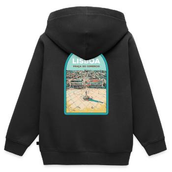 Illustration Place du Commerce, Lisbonne - Sweat Premium à capuche zippé enfant bio - noir - Dos - AI Model Kid Male (0cm)