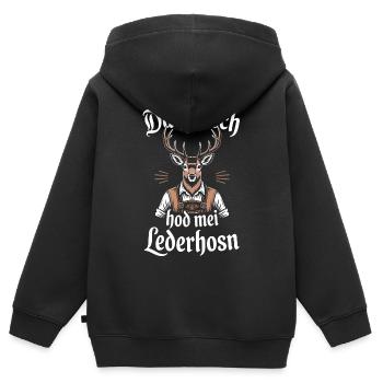 Lederhosen Bavière Costume traditionnel cerf drôle Tente de bière - Sweat Premium à capuche zippé enfant bio - noir - Dos - AI Model Kid Male (0cm)