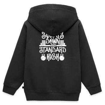 squat down et design standard élevé pour un squats - Sweat Premium à capuche zippé enfant bio - noir - Dos - AI Model Kid Male (0cm)