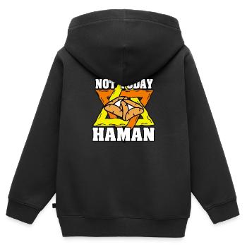 Pas aujourd’hui Haman Pourim Judaïsme - Sweat Premium à capuche zippé enfant bio - noir - Dos - AI Model Kid Male (0cm)