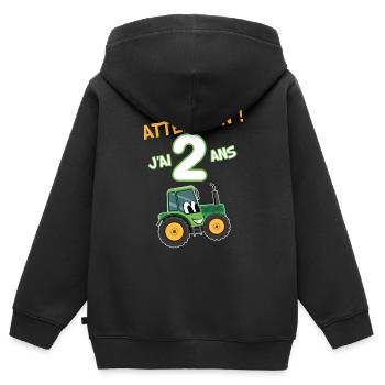 Attention j'ai 2 ans Anniversaire enfant tracteur - Sweat Premium à capuche zippé enfant bio - noir - Dos - AI Model Kid Male (0cm)