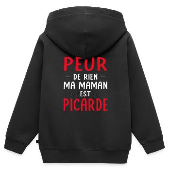 Je n'ai peur de rien ma maman est Picarde - Sweat Premium à capuche zippé enfant bio - noir - Dos - AI Model Kid Male (0cm)