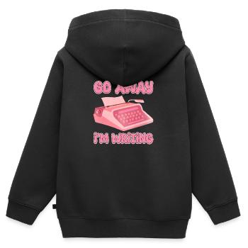 Va-t’en, j’écris des écrivains, des romanciers - Sweat Premium à capuche zippé enfant bio - noir - Dos - AI Model Kid Male (0cm)