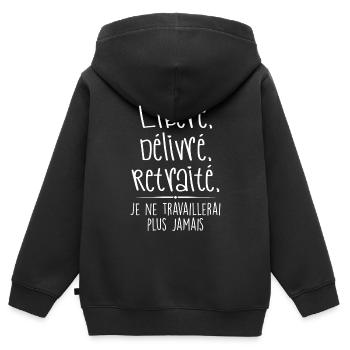 Veröffentlicht, geliefert, im Ruhestand gelassen | Freigegeben sorgt für den Ruhestand - Kinder Premium Organic Zip Hoodie - Schwarz - Hinten - AI Model Kid Male (0cm)