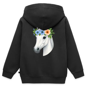 Weißes Pferd mit Blumenkranz - Kinder Premium Organic Zip Hoodie - Schwarz - Hinten - AI Model Kid Male (0cm)