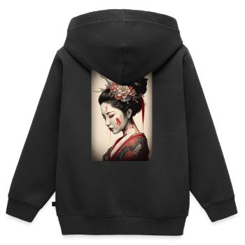 Geisha Portrait Kimono Japonais Traditionrlles - Sweat Premium à capuche zippé enfant bio - noir - Dos - AI Model Kid Male (0cm)