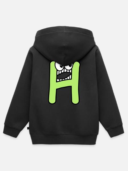 H - lettre H avec les yeux 👀 - Sweat Premium à capuche zippé enfant bio - noir