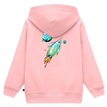 Fusée dans l'espace - Sweat Premium à capuche zippé enfant bio - rose - Dos - AI Model Kid Female (0cm)