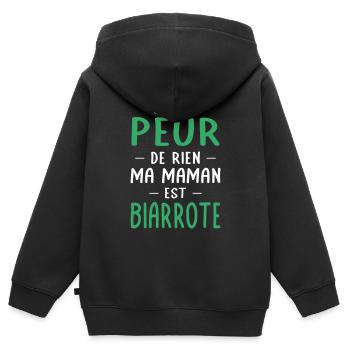 Je n'ai peur de rien ma maman est Biarrote - Sweat Premium à capuche zippé enfant bio - noir - Dos - AI Model Kid Male (0cm)